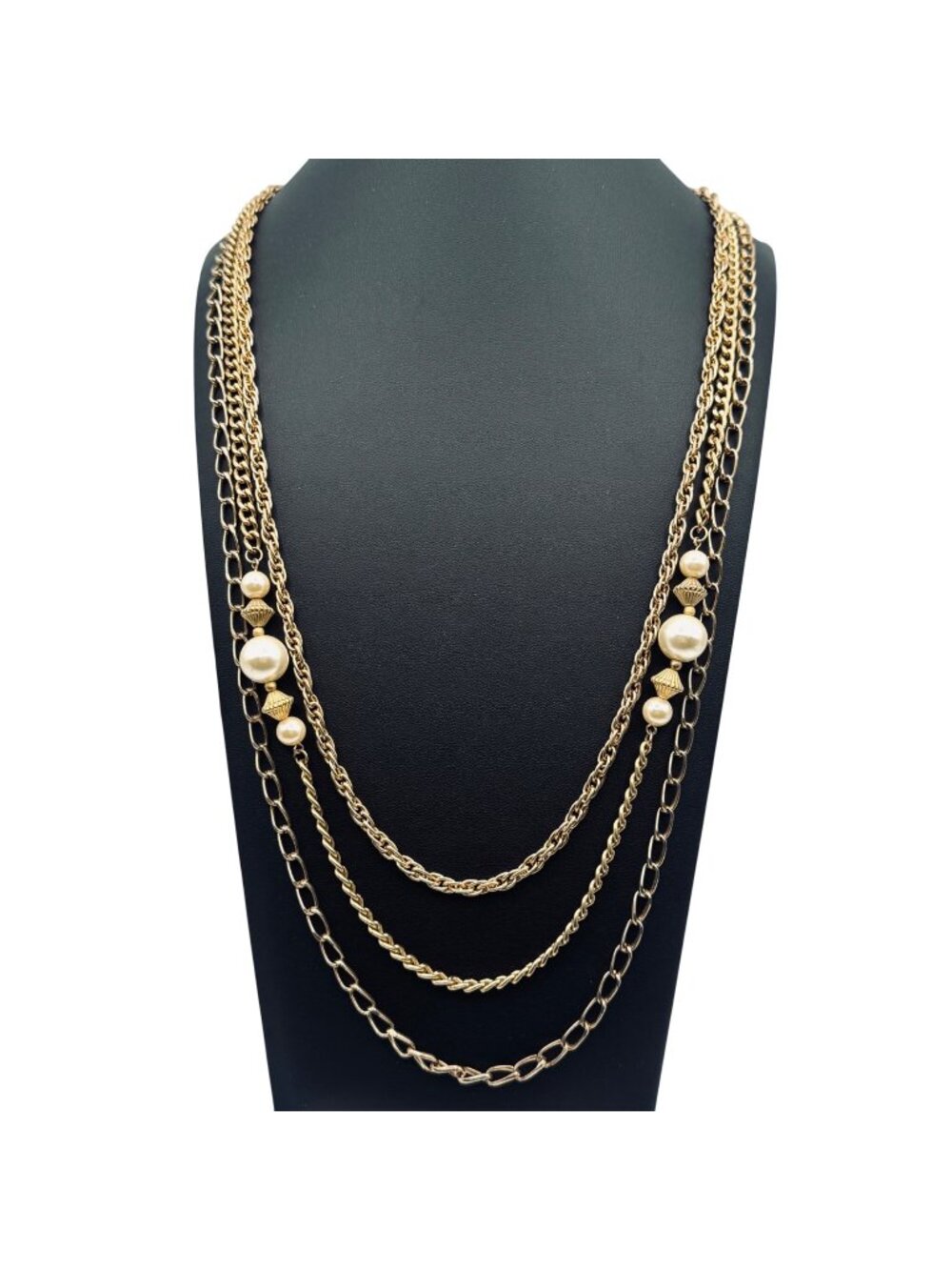 Vintage Gold Tone Multi-Strand Necklace Faux Glass Pearl Stations Mid-1960 Style